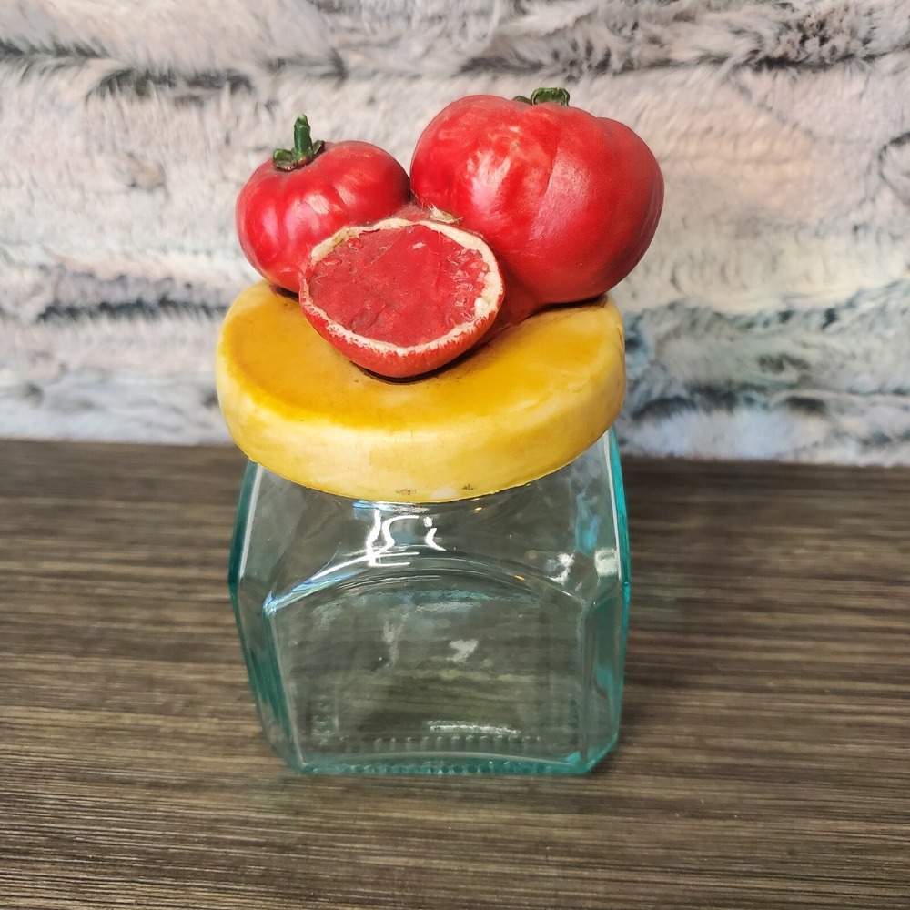Italian Decorative Square Jar Blueโ Tint Glass - Tomato Fruit 3 Dimensional Lid